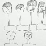 Sechs stilisierte Köpfe auf Sockeln, Strichzeichnung, teils mit Brille | Six stylized heads on pedestals, line drawing, some wearing glasses