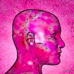 Digitales Profil eines Männerkopfes in Magenta-Pink mit schwarzer Textur | Digital profile of a male head in magenta-pink with black texture