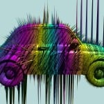 VW Käfer in Regenbogenfarben mit abstrakten Stacheln und Tintenspuren | VW Beetle in rainbow colors with abstract spikes and ink drips