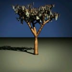 3D-Baum mit menschlichen Figuren als Blätter, Schatten auf sandigem Boden | 3D tree with human figures as leaves, shadow cast on sandy ground