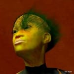 Digitales 3D-Portrait: Frauengesicht in Gelb-Grün, Blick nach oben, roter Hintergrund | Digital 3D portrait: woman's face in yellow-green, upward gaze, red background