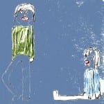 Kreidezeichnung: Stehende Figur grünem Pulli, sitzende Figur blauem Oberteil, blauer Hintergrund | Chalk drawing: standing figure green sweater, sitting figure blue top, blue background