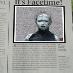 Zeitungsartikel „It's Facetime!" mit körnigem Schwarz-Weiß-Porträt einer Frau | Newspaper article "It's Facetime!" featuring grainy black-and-white portrait of a woman