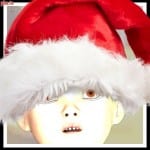 Digitale Kinderfigur mit roter Weihnachtsmütze, überraschter Gesichtsausdruck | Digital child figure with red Santa hat, surprised facial expression