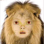 Digitale Collage: Menschliches Gesicht mit Löwenmähne, surreales Hybrid-Wesen | Digital collage: human face with lion's mane, surreal hybrid creature