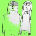 Zwei naive Bleistiftzeichnungen langgesichtiger Figuren auf grellem Grün | Two naive pencil drawings of long-faced figures on bright green background