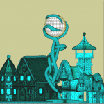 3D-Drahtgittermodell: Schlangenförmige Figur mit Kugelkopf vor Fantasiehäusern | 3D wireframe model: snake-like figure with sphere head in front of fantasy houses