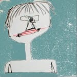 Kindliche Bleistiftzeichnung: Kopf mit Pony, rotem Mund, auf türkisem Grund | Child-like pencil drawing: head with bangs, red mouth, on teal background