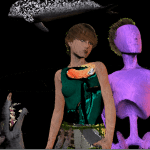 Digitale Malerei: Frau im grünen Top, violette Figur, Delfin und Krokodil auf Schwarz | Digital painting: woman in green top, violet figure, dolphin and crocodile on black