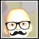 3D-Kahlkopf mit schwarzer Hornbrille und Schnurrbart, digitale Collage | 3D bald head with black horn-rimmed glasses and mustache, digital collage