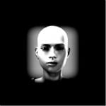 Kahlköpfiger weiblicher 3D-Avatarkopf in Schwarzweiß auf dunklem Hintergrund | Bald female 3D avatar head in black and white on dark background