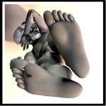 3D-Rendering einer liegenden Figur, Füße im Vordergrund stark vergrößert | 3D render of reclining figure with dramatically enlarged feet in foreground