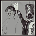 Skizze und 3D-Figur mit Krone, erhobener Faust, Mischtechnik grau | Sketch and 3D figure with crown, raised fist, mixed media grey