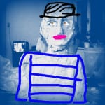 Gipsskulptur mit gezeichnetem Hut, pinken Lippen und blauem Streifenhemd, Blauton | Plaster sculpture with drawn hat, pink lips and blue striped shirt, blue tint