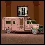 3D-Render: Rosa Krankenwagen mit grünen Akzenten in braunem Innenraum | 3D render: pink ambulance truck with green accents in brown interior space