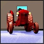 Roter Oldtimer-Traktor (Ford) als 3D-Render vor grauer Wand mit Landschaftsfenster | Red vintage Ford tractor as 3D render in front of grey wall with landscape window