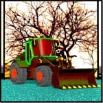 Digitale 3D-Kunst: Radlader mit Schaufel vor kahlem Baum, leuchtende Farben | Digital 3D art: wheel loader with bucket before bare tree, vivid neon colors