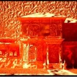 Gründerzeithaus in glutroter Infrarot-Ästhetik mit ornamentiertem Portal und Pavillon | Historicist villa in fiery red infrared aesthetic with ornate portal and garden pavilion