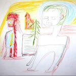 Kindzeichnung: zwei Figuren, rotes Haus, Tanne, gelber Himmel in Buntstift | Children's drawing: two figures, red house, fir tree, yellow sky in crayon