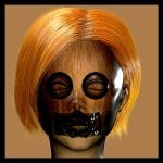 3D-Schädel mit orangenem Bob-Haar, schwarze Augenhöhlen, entblößte Zähne | 3D skull with orange bob hair, black eye sockets, bared teeth