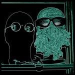 Neon-Konturzeichnung: Kahler Kopf mit Brille neben gehäkelter Bart-Mützen-Figur | Neon outline drawing: bald head with glasses beside crocheted beard-hat figure