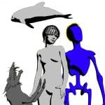Digitale Illustration: nackter Mensch, blauer Roboter, grauer Delfin, Tier | Digital illustration: nude human, blue robot, grey dolphin, animal figure