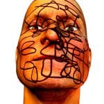 3D-Gesicht mit chaotischen schwarzen Linien überlagert, digitale Kunstcollage | 3D face overlaid with chaotic black lines, digital art collage