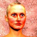 Digitales 3D-Porträt: Ältere Frau mit blauen Augen, Nasenring, auf rosa Texturhintergrund | Digital 3D portrait: Older woman with blue eyes, nose ring, on pink textured background