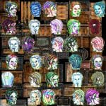 Collage bunter Neon-Porträts auf Holzkisten-Hintergrund, digitale Kunst | Collage of colorful neon portraits on wooden crates background, digital art