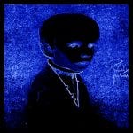 Digitales Portrait in Blau-Schwarz, Kantenerkennung zeigt männliche Figur mit Halskette | Digital portrait in blue-black, edge detection reveals male figure wearing necklace