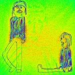 Kindliche Zeichnung: stehende Person links, kniende Person rechts, neongelber Hintergrund | Childlike drawing: standing figure left, kneeling figure right, neon yellow background