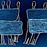 Abstrakte Figurengruppen in Blautönen, stilisierte Menschen hinter rechteckigen Formen | Abstract figure groups in blue tones, stylized people behind rectangular shapes