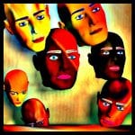 Acht stilisierte Masken in Rot, Gelb und Schwarz mit blauen Augen, schwebend | Eight stylized masks in red, yellow and black with blue eyes, floating