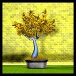 Digitaler Bonsai mit goldenem Laub, blauem Stamm, vor gelber Backsteinwand | Digital bonsai with golden foliage, blue trunk, against yellow brick wall