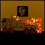 Digitale Kunst: Abschleppwagen in Rot-Gelb vor Wand mit gruseligen Gesichtsporträt | Digital art: tow truck in red-yellow tones before wall with eerie face portrait