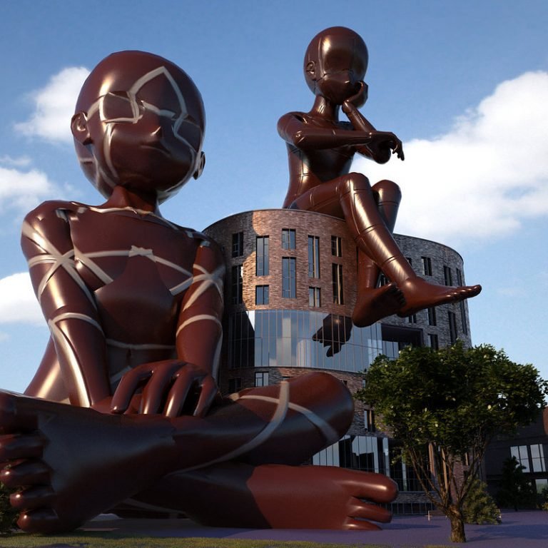 Sitzend denken. Schokofiguren sitzen herum und denken über unser Wohl nach.