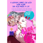 Notizbuch-Cover: stilisierte Frau im Profil, rosa, Text über Wein und Katzen | Notebook cover: stylized woman in profile, pink, text about wine and cats