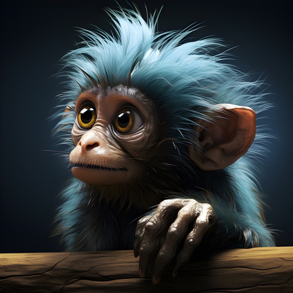 Mehr über den Artikel erfahren this is a drawing of a joey monkey with an eye in the style of emotive surreal character studies, colorized, pensive poses, topcor 58mm f/1.4, caricature-like illustrations, #vfxfriday, solarizing master