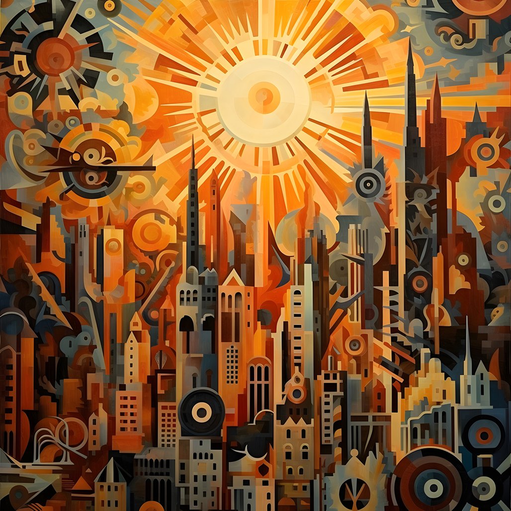 Mehr über den Artikel erfahren cogs and tools abstract sunrise 1950s