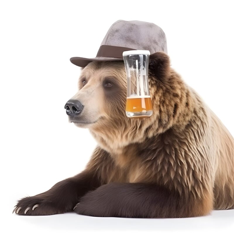 Mehr über den Artikel erfahren un ours avec un chapeau haut de forme une choppe de biere de face et de profil sur fond blanc