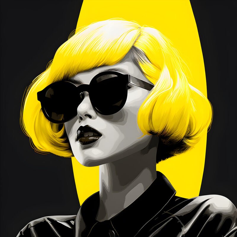 Mehr über den Artikel erfahren an illustration of a girl wearing yellow sunglasses with hair on her face and with ears, in the style of film noir aesthetic