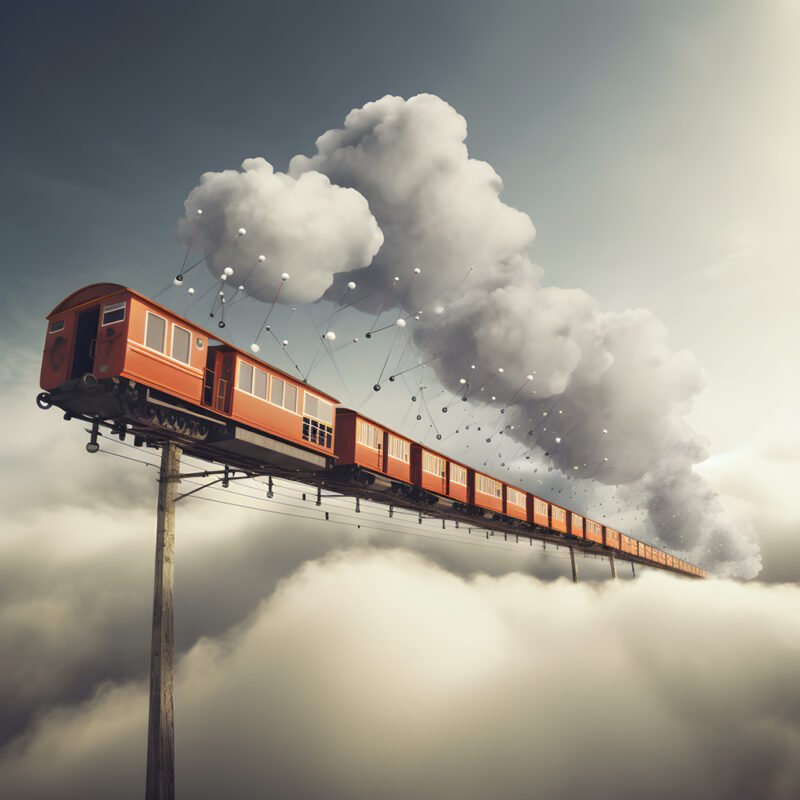 Mehr über den Artikel erfahren a fast moving social media train flying through the clouds hanging by a thread