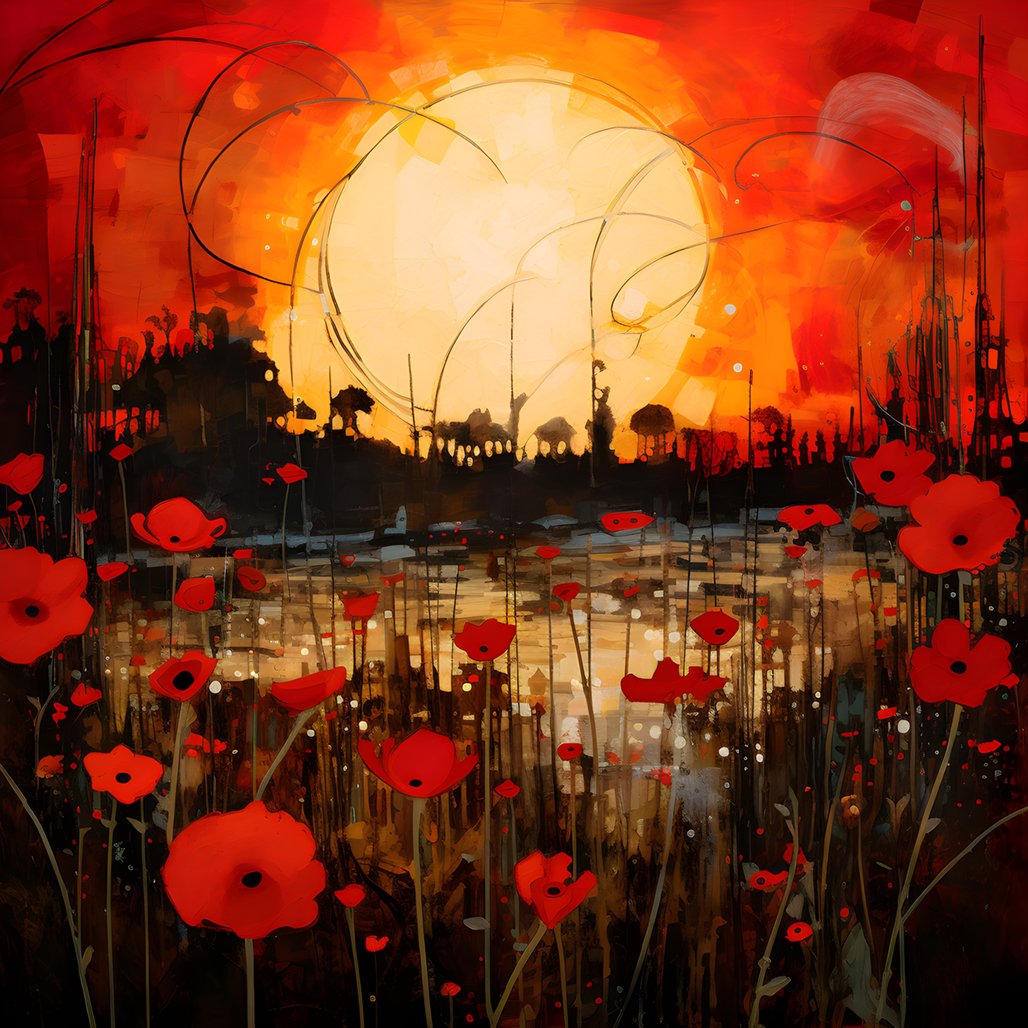 Mehr über den Artikel erfahren Abstract landscape art featuring a field of wildflowers and a bold red sun.