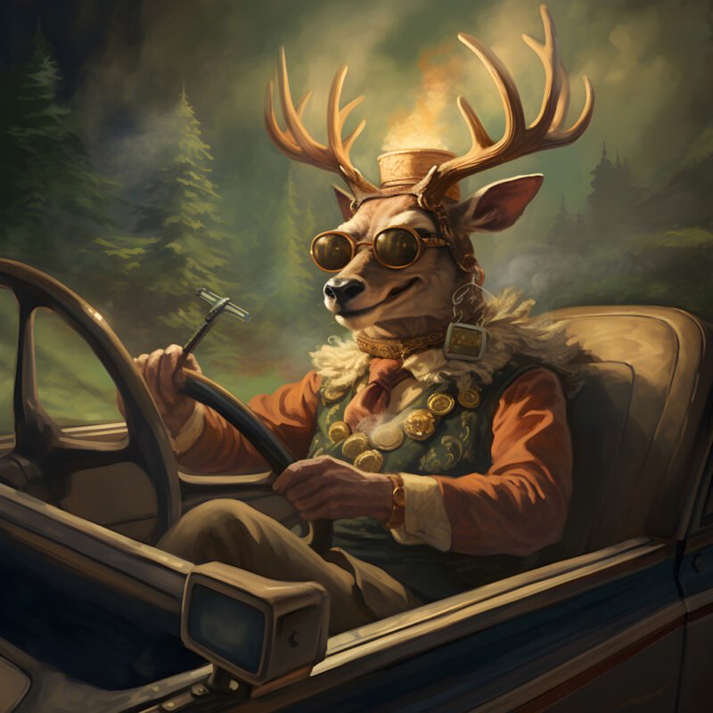 Mehr über den Artikel erfahren A deer with a cigar in his mouth driving a convertible automobile