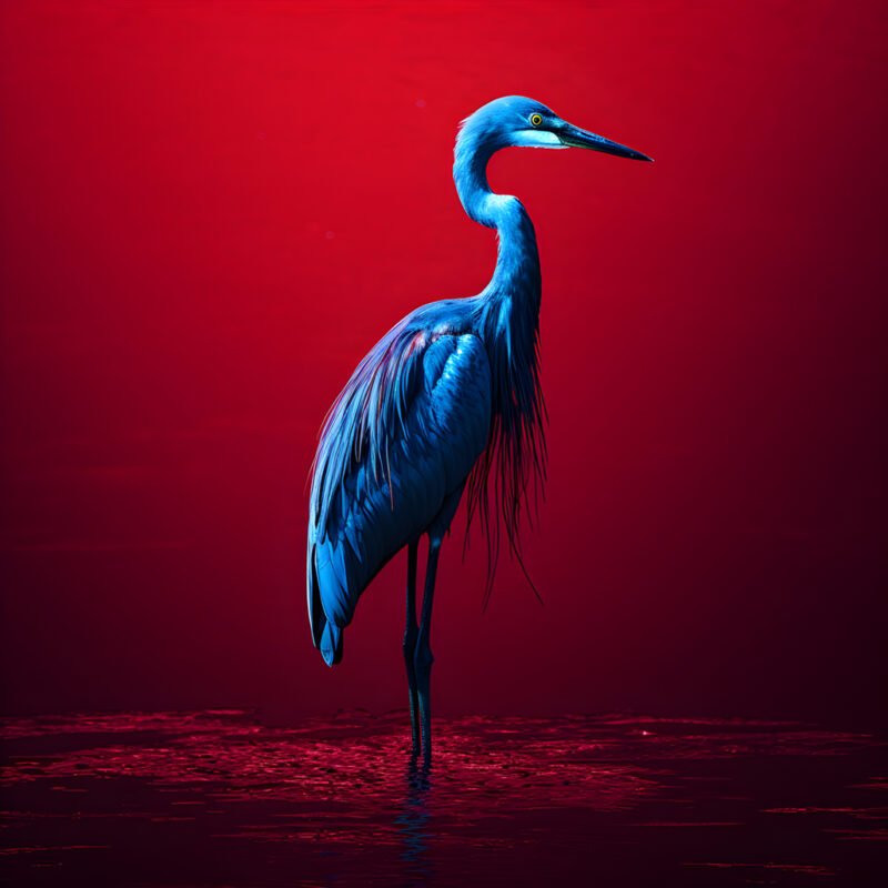 Mehr über den Artikel erfahren synthwave digital fine art piece of an exotic cobalt blue egret on red paper