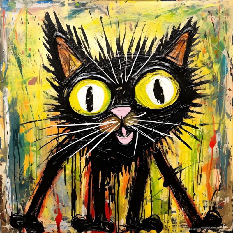 Mehr über den Artikel erfahren Neo-expressionism of a cartoon cat looking up at something curiously