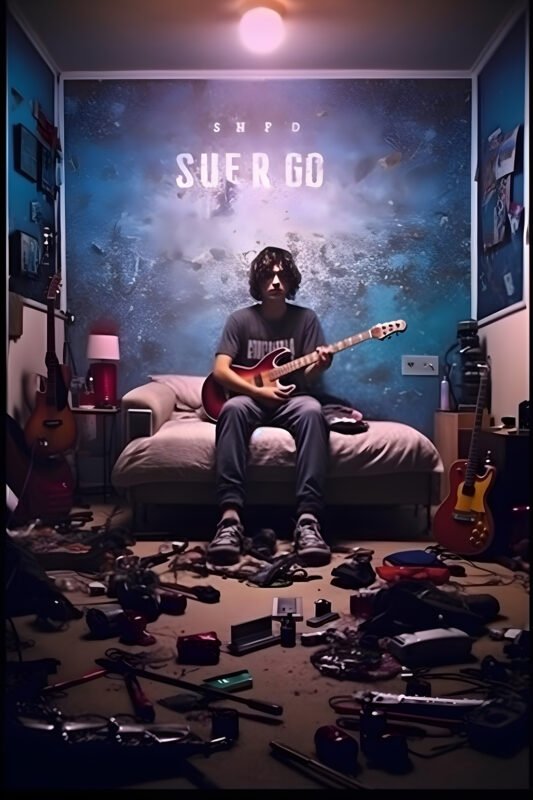 Mehr über den Artikel erfahren an 18 year old, disheveled, sad, skater, sitting on the edge of his messy bed, playing guitar