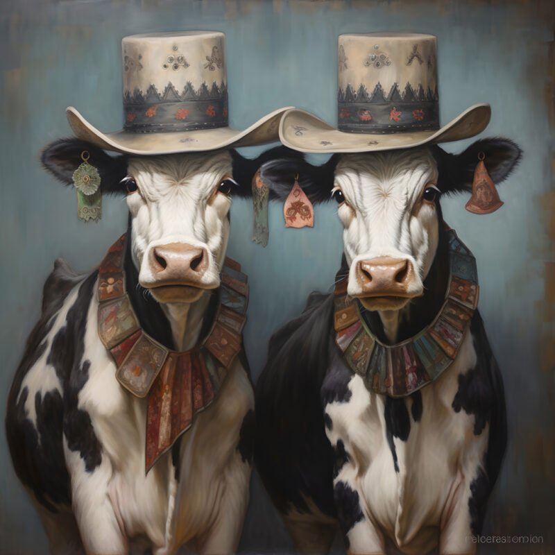 Mehr über den Artikel erfahren two cows with  big cowboy hat