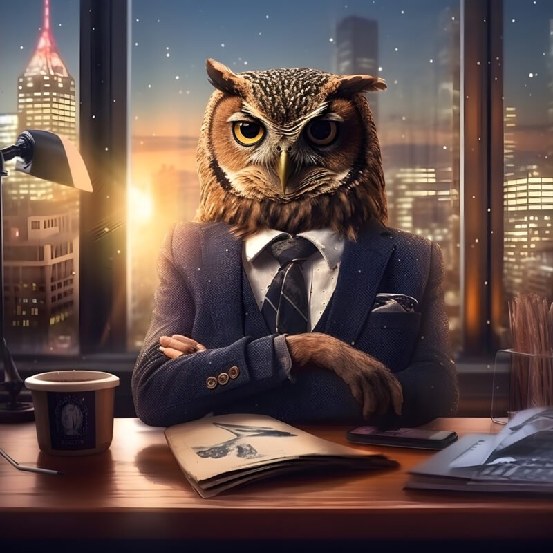 Mehr über den Artikel erfahren hip owl wearing a nice gangster suit sitting by a window with nice view of NYC in daytime