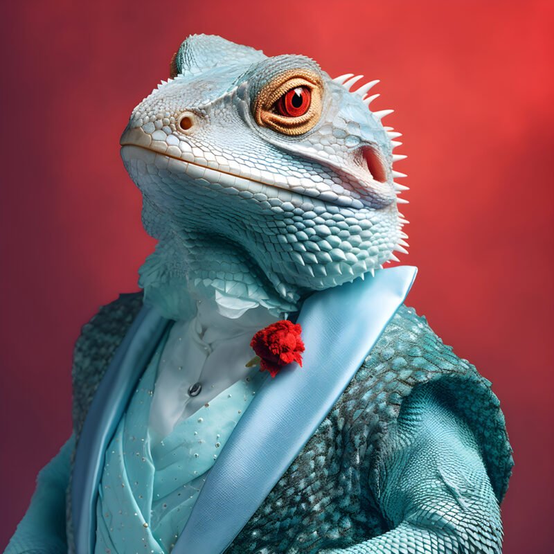 Mehr über den Artikel erfahren a bright turquoise bearded dragon on the cover of Vogue fashion magazine